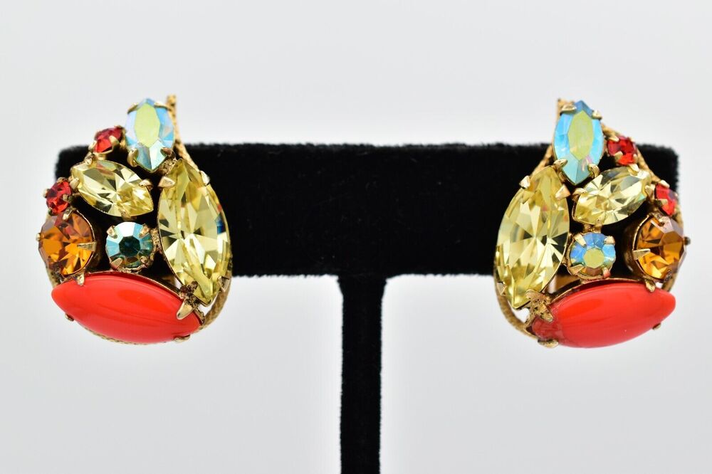Regency Vintage Cabochon Crystal Clip On Earrings Coral Gold Signed 1950s BinBF
